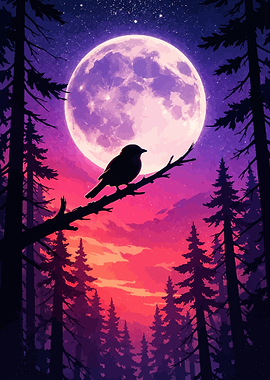Bird on a branch under the moon