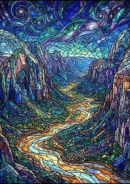 Stained Glass Mountain Valley at Night