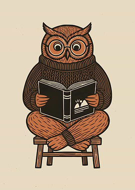 Owl Reading a Book on a Stool