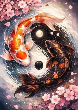 Yin Yang Koi Fish and Cherry Blossoms