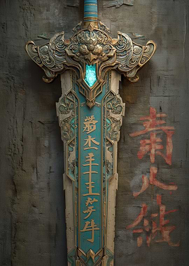 Ornate Teal and Gold Fantasy Sword