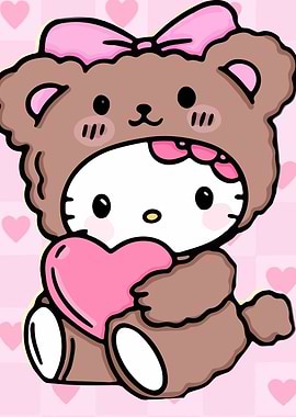 Hello Kitty in a Bear Costume Holding a Heart