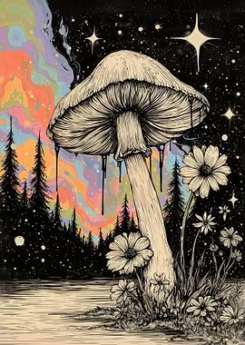 Mystic Mushroom Under Psychedelic Sky