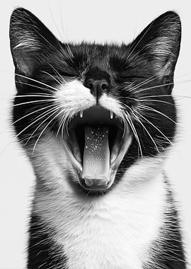 Black and white cat yawning