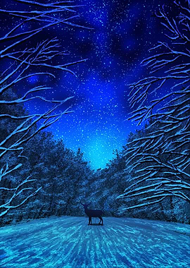 Deer in a Snowy Forest Under a Starry Sky