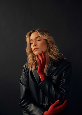 olivia ponton with red hands and black jacket