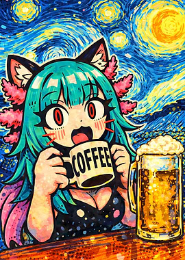 Anime Girl Drinking Coffee with Beer