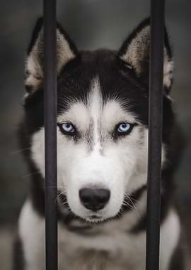 Husky Dog Behind Bars