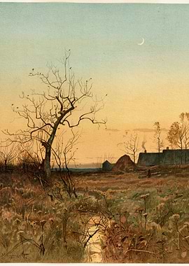 Autumnal Landscape with Farmhouse and Crescent Moon