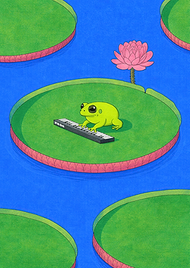 Frog playing keyboard on lily pad