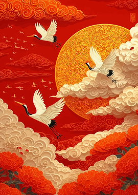 Cranes Flying in a Red Sky