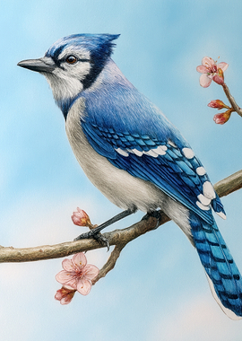 Blue Jay on a Branch with Blossoms