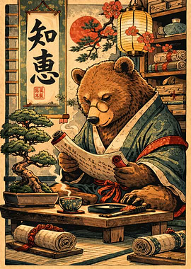 Bear Reading Scroll in Japanese Study