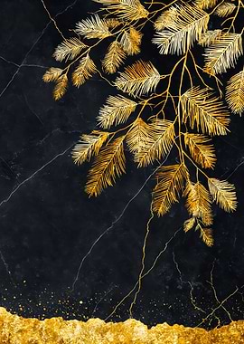 Golden Leaves On Black Marble