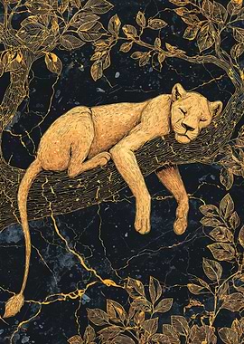 Golden Lioness Resting In Tree Branch