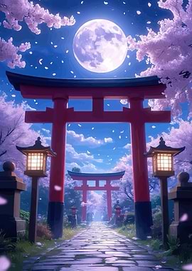 Japanese Torii Gates Under a Full Moon