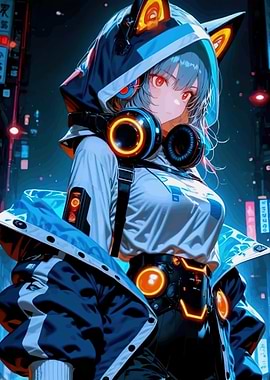 Cyberpunk Anime Girl with Headphones