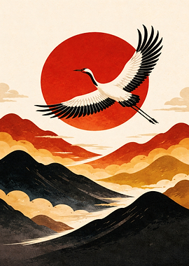 Crane flying over mountains at sunrise