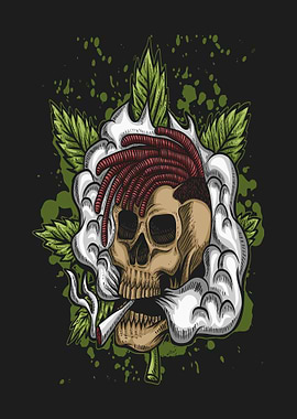 Skull smoking with marijuana leaves