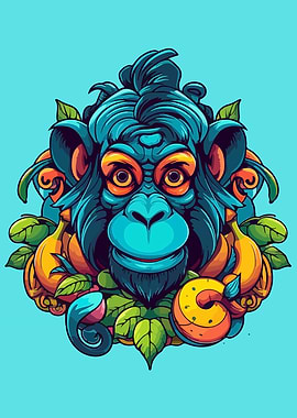 Stylized Blue Monkey with Fruit