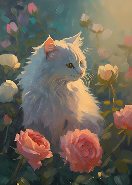 White Cat in a Rose Garden