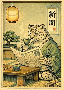 Leopard Reading Newspaper and Drinking Tea