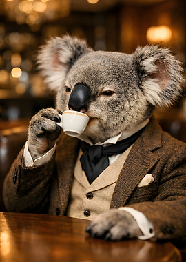 Koala in a Suit Drinking Coffee