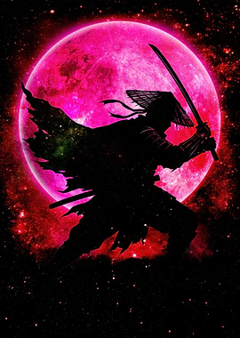 Samurai Silhouette Against Pink Moon