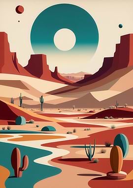 Geometric Desert Horizon — Minimalist Retro Mesa Landscape with Teal Orb