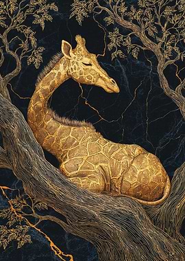 Golden Giraffe Resting On Tree