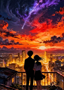 Couple Watching a Meteor Shower Over City