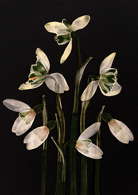 Pressed Snowdrop Flowers on Black