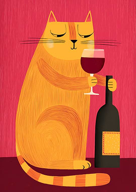 Cat with Wine and Bottle