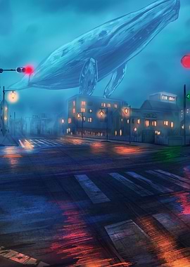 Whale Flying Over Cityscape