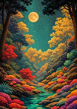 Enchanted Forest River Under a Full Moon