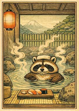Raccoon Enjoying Hot Spring with Sushi