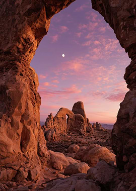 Archway Overlooking Desert Landscape at Sunset