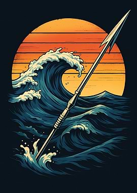 Spear in Ocean Waves at Sunset