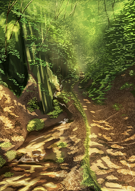 Sunlit Forest Path with Stream