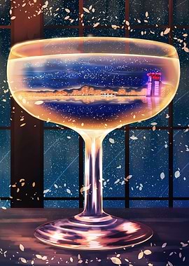 Cityscape Reflected in Champagne Glass