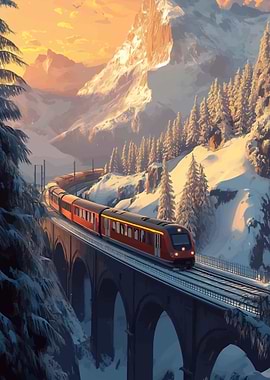 Train Crossing Snowy Mountain Bridge