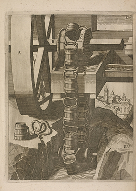 Water Wheel with Buckets and Cityscape