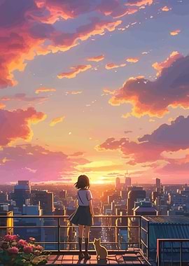 Anime Girl and Cat Watching Sunset Over City