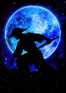 Samurai Silhouette Under Blue Moon