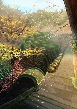 Autumn Garden Path with Japanese Architecture