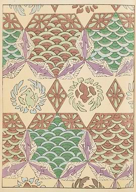 Japanese Geometric Crane and Wave Pattern