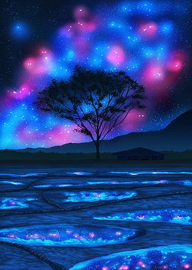 Magical Night Landscape with Tree and Stars