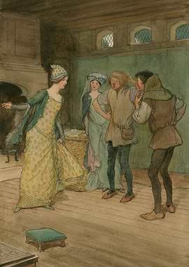 Medieval scene with characters in a room