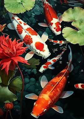 Koi fish and lotus flowers