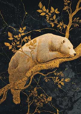 Golden Polar Bear Resting on Tree Branch